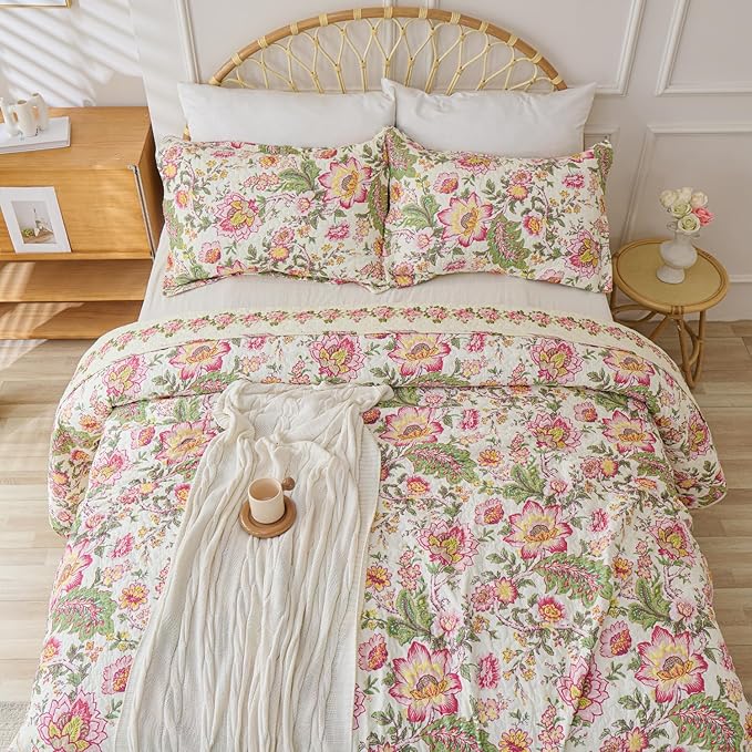 Cmfshape Floral Quilt Sets Bedspread Set 100% Cotton Bedding Set, All Season Use Lightweight Reversible Coverlet Quilts with 2 Pillow Shams(King 106"x96")