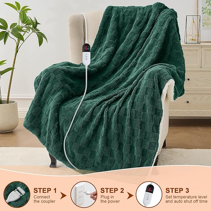 Electric Heated Throw Blanket - Jacquard Checkered Sherpa 50"x60" Fast Heating Bed Blankets with 6 Heating Levels & 4 Hours Auto Off, Over-Heat Protection ETL, Dark Green