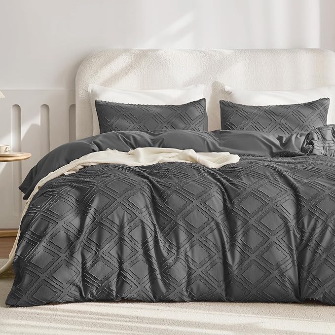 JELLYMONI Duvet Cover Full Size Dark Grey - 3PCS Boho Duvet Cover Set Plaid Polyester Tufted Bohemian Jacquard Knit Textured Comforter Cover 80×90in Rhombic Geometric Pattern Corner Ties & Zipper