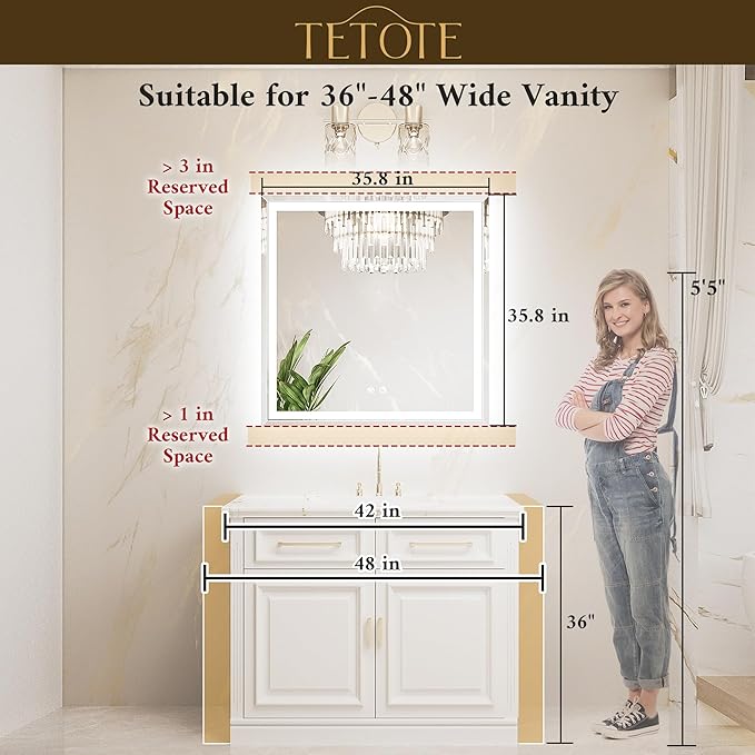 TETOTE Led Bathroom Mirror 36 x 36 Inch, Beveled Lighted Bathroom Vanity Frameless Mirror with Extra-Bright Lights, Frontlit & Backlit, Defogging, 3-Color Dimmable, Tempered Glass, Waterproof