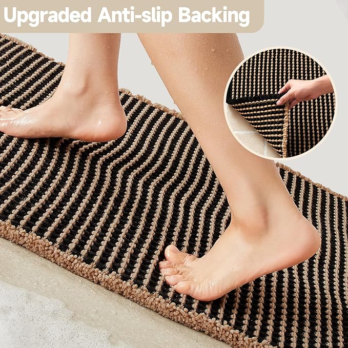 Waffle Bath Mat, Boho Bathroom Rugs Non Slip Washable Super Absorbent Quick Dry Bath Mat Farmhouse Bathroom Decor, 36"x24" Khaki and Black