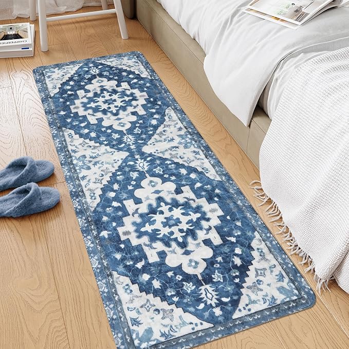 Uphome Vintage Bathroom Runner Blue Boho Non-Slip Long Bath Mat Oriental Soft Machine Washable Bedroom Rug Traditional Tribal Floral Floor Carpet for Kitchen Hallway Kids Room, 24x59 inch