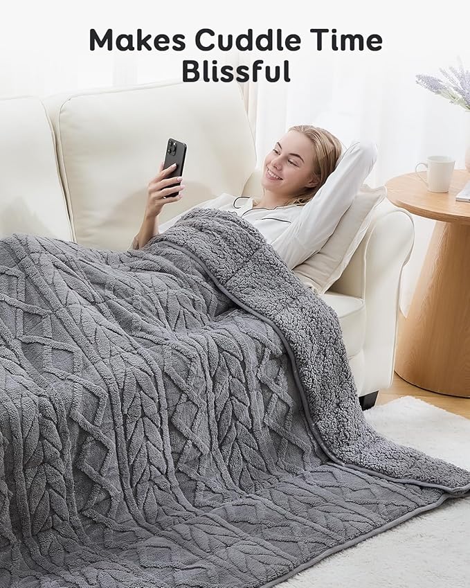 Sivio Weighted Blanket Queen Size 15 lbs for Adults, Sherpa Fleece Weighted Blanket Jacquard Heavy Blanket for Sleeping, Reversible Super Soft Warm Cozy Fluffy Blanket for Adult, 60 x 80inches, Grey