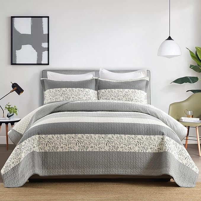 Stripe Quilts Queen Size - 100% Cotton Lightweight Quilt Bedding Set 3 Pieces, Vintage Vine Pattern Quilted Bedspread with 2 Pillow Shams, Farmhouse Printed Coverlet for All Season, Gray