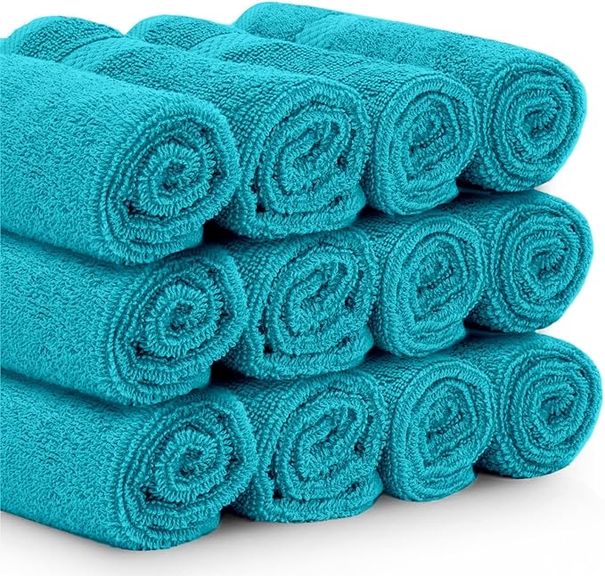 White Classic Luxury Cotton Washcloths 13x13 Inch - 650 GSM Turkish Cotton | Hotel, Spa, Bathroom Face Towel | 12 Pack, Aqua