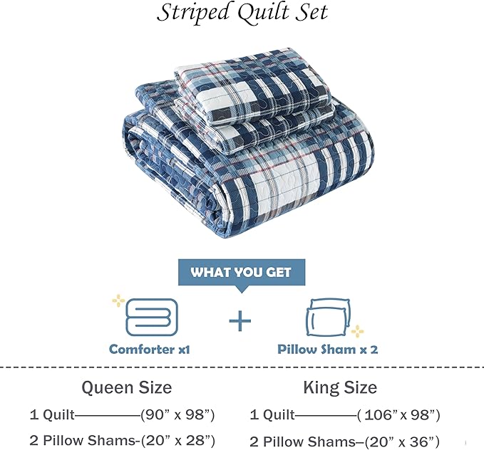Quilt King Size, Cotton King Size Comforter Set, Blue White Striped Bedding Sets, Plaid King Bedspread,Striped Bed Set Lightweight Reversible All Season 3 Piece