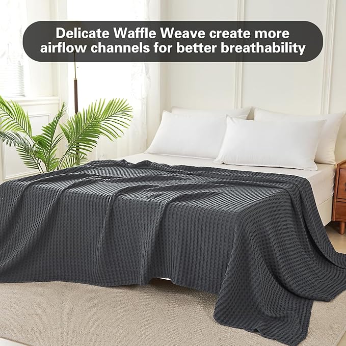 Aganear Waffle Blanket - Lightweight Breathable Summer Blanket of 50% Cotton and 50% Rayon Derived from Bamboo for Hot Sleepers Luxury Throws for Bed, Couch and Sofa,Dark Grey,104x90 Inches