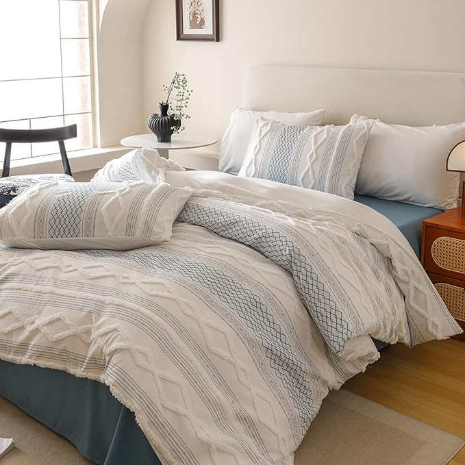 Cottonight White Blue Boho Comforter Set California King Farmhouse Tufted Bedding Set Soft Bohemain Shabby Chic Blanket Quilts Embroidery Rustic Luxury Soft 3PCS Bed Set for Women Men