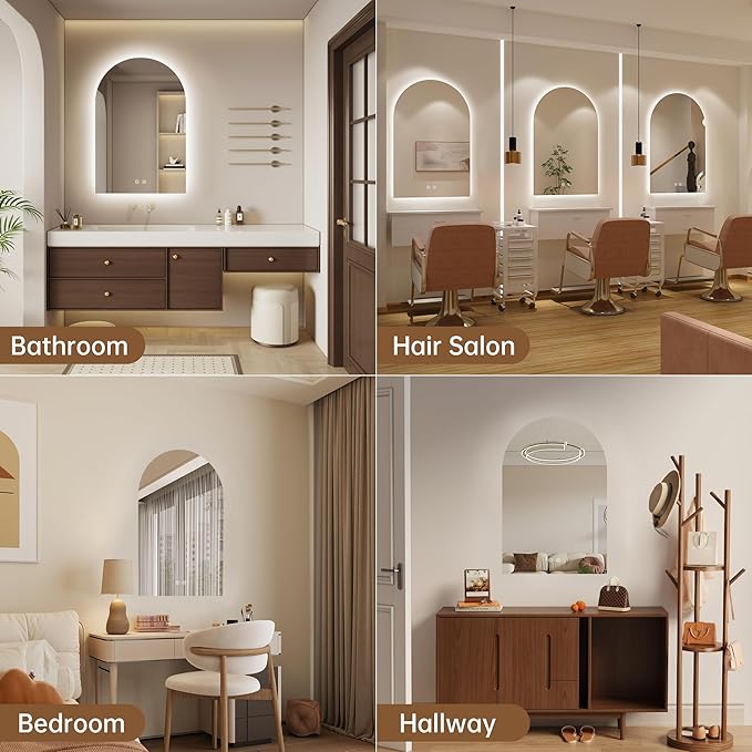 Arched Backlit Mirror Bathroom 20"x30"- Frameless LED Bathroom Mirror with Lights, Fogless, Dimmable, 3 Color Changing, Shatterproof, Touch Sensor