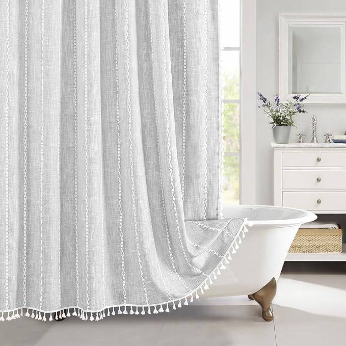 MitoVilla Modern Farmhouse Shower Curtain Set 72 x 78, Boho 78 inch Long Polyester Linen Tassel Fabric Shower Curtain Set for Chic Cottagecore French Rustic Bathroom Decor, Light Grey