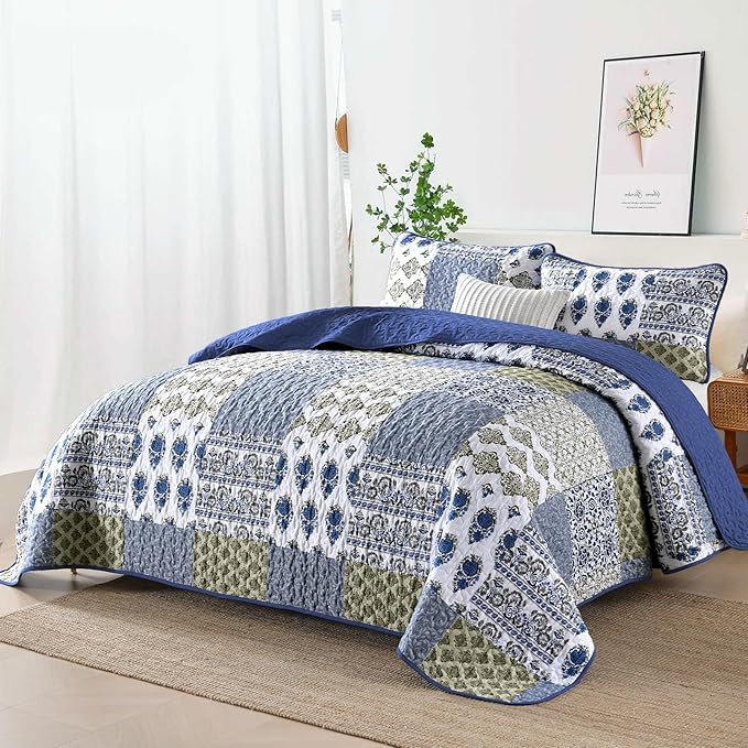 Mybedsoul Blue Quilt Set Queen Size 3 Pieces Boho Plaid Aqua Blue Floral Bedspread Set Microfiber Lightweight Bohemian Bedding Set for All Season (1 Quilt + 2 Pillow Shams) 90"x96"