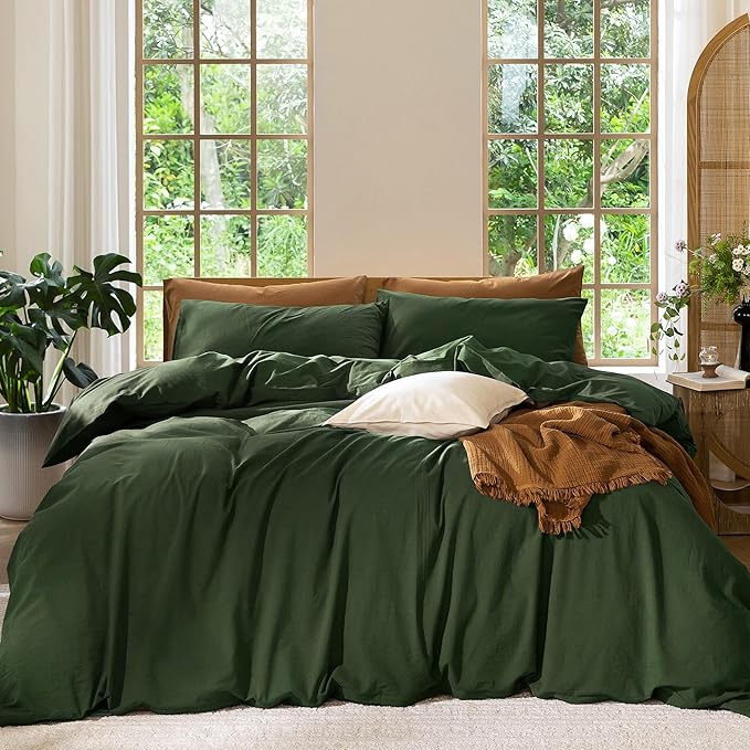 MooMee Bedding Duvet Cover Set 100% Washed Cotton Linen Like Textured Breathable Durable Soft Comfy (Solid Forest Green, Super King 108"x98")