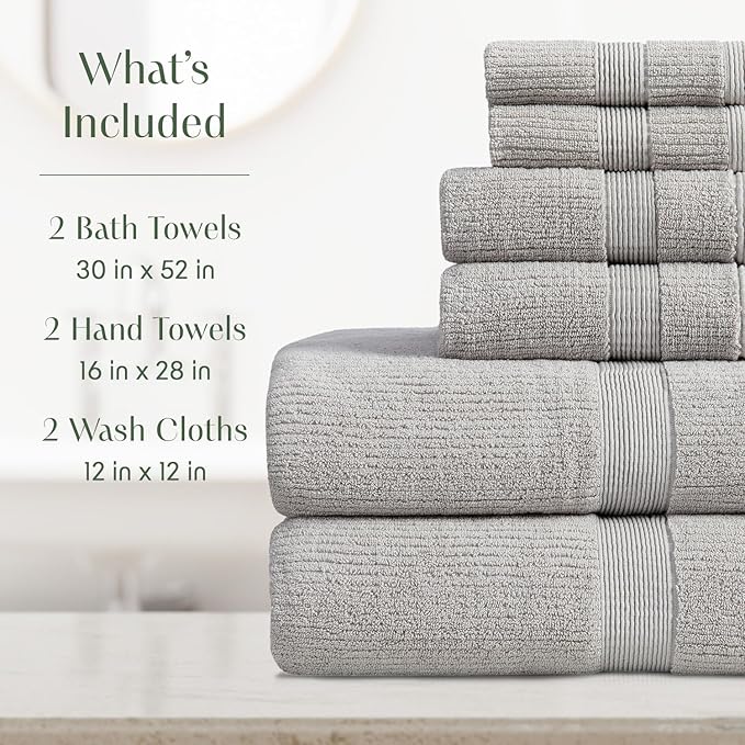 Springtree Home Grey Bath Towels Set of 6 | Ribbed Textured | 100% Combed Cotton | Absorbent Quick-Dry Gray Towels for Bathroom | Oeko-TEX® Standard 100 Cotton | Mauro Collection - High Rise Grey