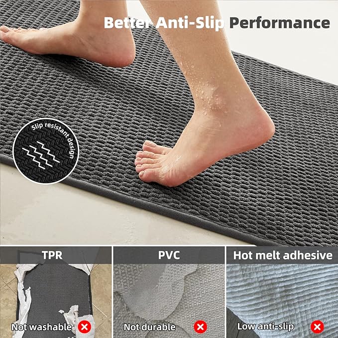 Bathroom Runner Rugs, Long Bath Mat Runner Washable Thin Quick Dry Low Pile Bathroom Runner Rugs Non Slip, Dark Grey 16"x60"