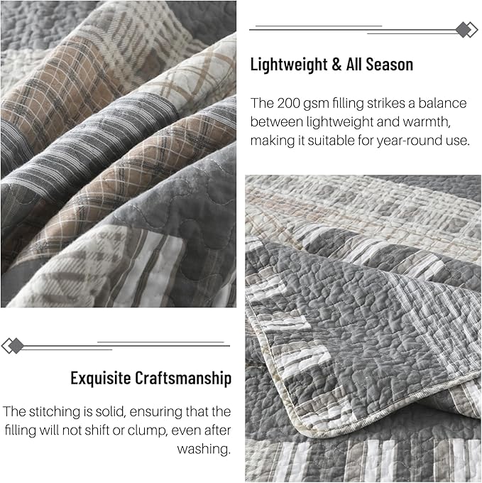 Farmhouse Queen Quilt Set - 100% Cotton Patchwork Striped Plaid Queen Size Quilt Bedspread, Grey Brown Beige Lightweight Reversible Coverlet Bedding Set with 2 Pillow Shams, All Season-98x90