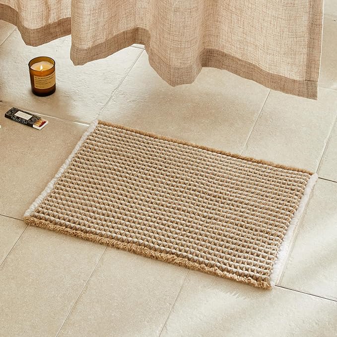 Waffle Bath Mat, Boho Bathroom Rugs Non Slip Washable Super Absorbent Quick Dry Bath Mat Farmhouse Bathroom Decor, 24"x16" Khaki and White