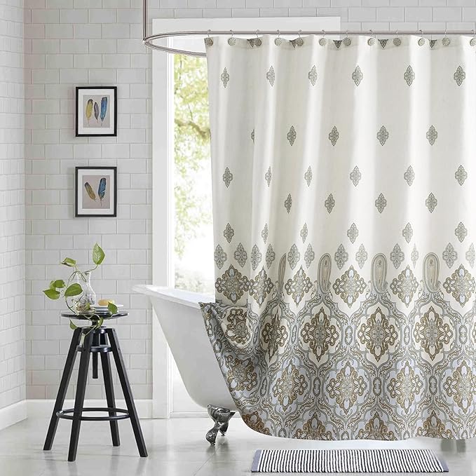 Extra Long Fabric Shower Curtain, Ivory Taupe Blue Moroccan Paisley Pattern Shower Curtains for Bathroom, 72" W x 84" H
