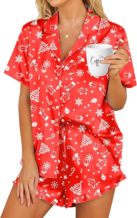 HOTOUCH Womens Satin Pajamas Set Button Down 2 Piece Silk Pjs Shorts Set Ruffle Lingerie Notch Collar Sleepwear