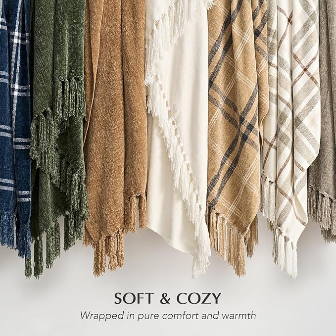 EVERGRACE Soft Chenille Throw Blanket for Couch, Cozy Plush Fuzzy Decorative Chenille Knit Throw Blanket with Tassels, Lightweight Blanket and Throws for Bed Sofa Gift Home Decor, Khaki 50"x60"