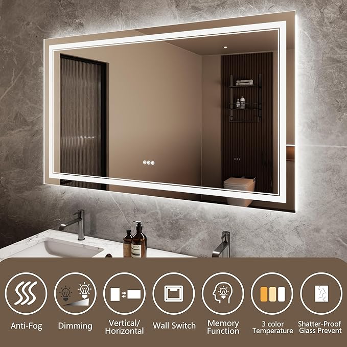 Bathroom Mirror with Lights 36"X60" with Front Light and Backlit, Tempered Glass, Wall Mount Horizontal/Vertical, Stepless Dimmable, 3 Colors, Anti Fog, Bathroom Memory LED Mirror