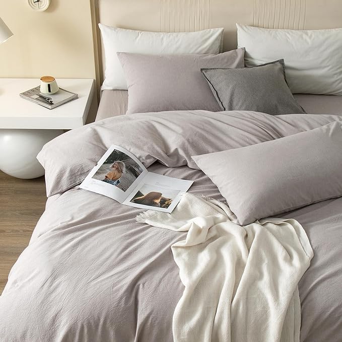 JIYUAN 100% Washed Cotton Duvet Cover Set 3 Pieces Full, 1 Duvet Cover 80x90 Inches(Comforter Not Included) and 2 Pillowcases,Linen Feel Bedding Set Comfy and Breathable, Heathered Linen
