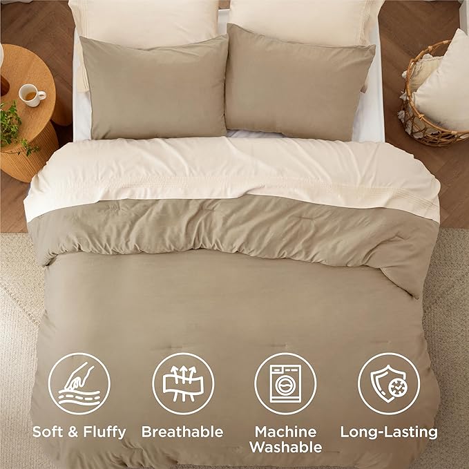 Bedsure Full Size Comforter Set, Khaki Soft Prewashed Bedding for All Seasons, 3 Pieces GentleSoft™ Warm Down Alternative Bed Set, 1 Lightweight Comforter (82"x86") and 2 Pillowcases (20"x26")