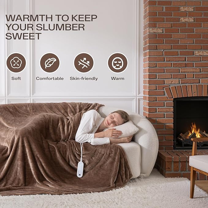 Heated Blanket Electric Throw 72" x 84" Full Size with 8 Heating Levels 10 Hours Time Setings and Auto-Shut Off, Flannel Fast-Heating Electric Blanket, Machine Washable ETL Certified, Brown
