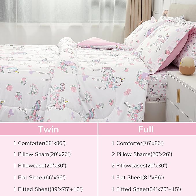Viviland Kids Full Bedding Sets for Girls, Soft Full Comforter Set with Sheets, 7 Pieces Microfiber Bed in a Bag, White Unicorn