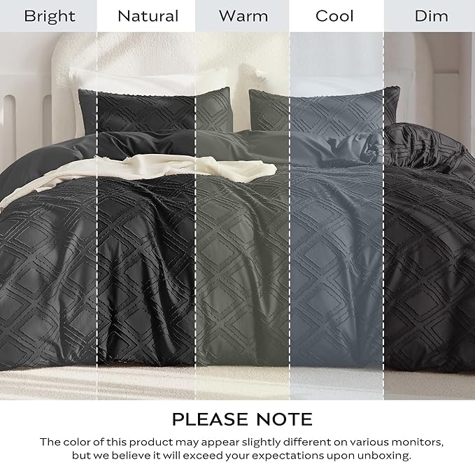 JELLYMONI Duvet Cover Queen Size Black - 3PCS Boho Duvet Cover Set Plaid Polyester Tufted Bohemian Jacquard Knit Textured Comforter Cover 90×90in Rhombic Geometric Pattern Zipper Corner Tie