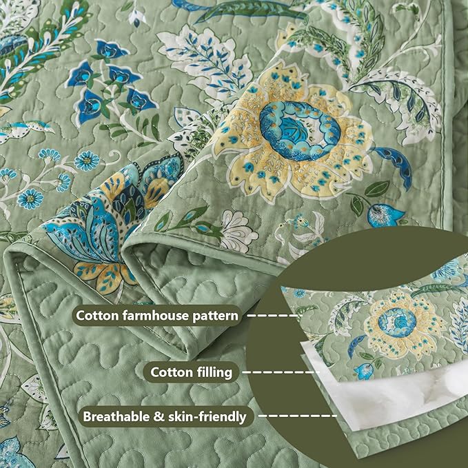 BEDIFANY Farmhouse King Quilt Bedding Set - Cotton Lightweight Bedspread with Floral Pattern, 98x106 Inch All Season Coverlet Set, 3 Piece (Quilt + 2 Pillow Shams)