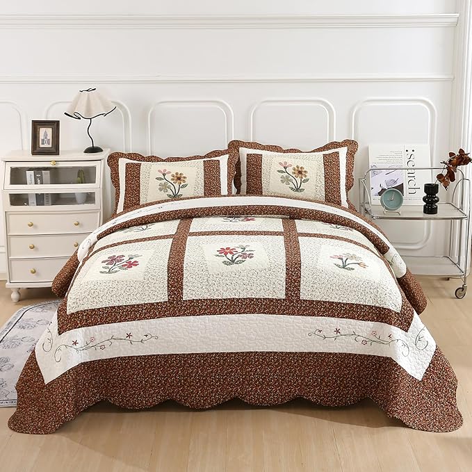 vctops 3 Piece Embroidered Floral Quilted Bedspread Quilt Set 100% Cotton Reversible Patchwork Coverlet Set 1 Quilt and 2 Pillow Shams (Coffee,Queen)