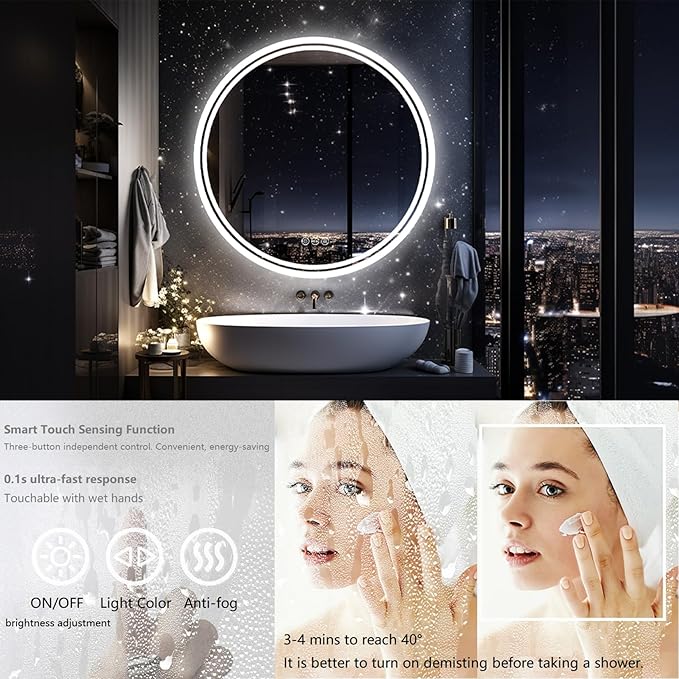 LUVODI Lighted LED Bathroom Mirror: 32” Circle Wall Mounted Large Lighted Makeup Mirror with Bright Back Lit - Illuminated Dimmable 3 Colors Vanity Mirrors with Demister Pad Smart Touch Switch