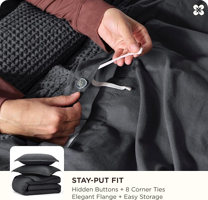 Bedsure Cotton Duvet Cover Set - 100% Cotton Waffle Weave Charcoal Duvet Cover Oversized Queen Size, GentleSoft™ and Breathable Bedding Set for All Season, 3 Pieces, 98"x98"
