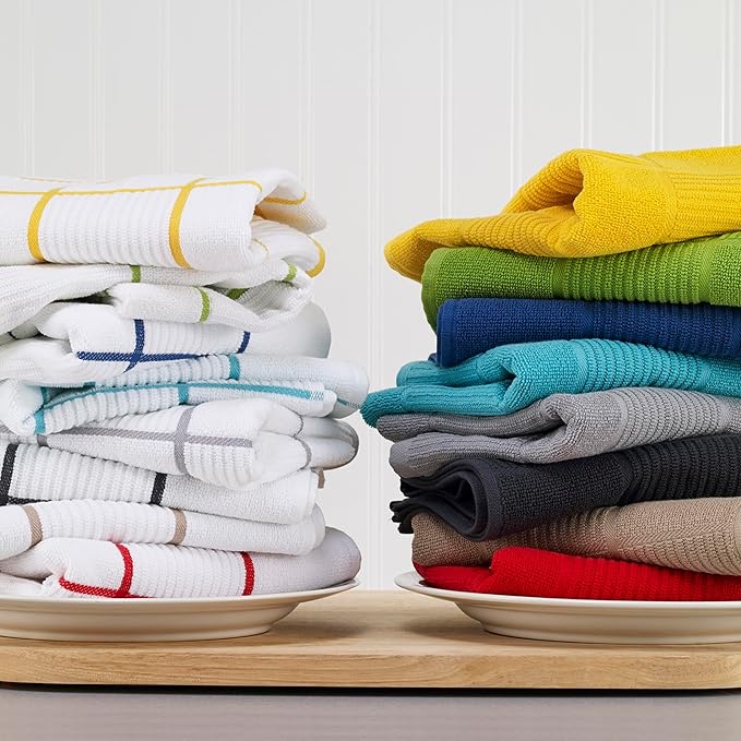 T-fal Solid & Checked Parquet Kitchen Towels: Highly Absorbent, Super Soft Long Lasting - 100% Cotton, 16"x26" Dish Towels for Cleaning & Drying Dishes, Pans, Glassware, or Countertops, (2-Pack), Blue