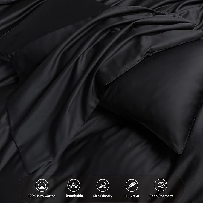 MooMee Duvet Cover Set 100% Extra Long Staple Cotton 600 Thread Count Silky Sateen Smooth Luxury Soft Breathable Durable Hotel Quality Bedding, 3 Pieces (Black, Full 80"x90")