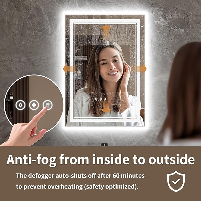 Bathroom Mirror with Lights 20"X28" with Front Light and Backlit, Tempered Glass, Wall Mount Horizontal/Vertical, Stepless Dimmable, 3 Colors, Anti Fog, Bathroom Memory LED Mirror