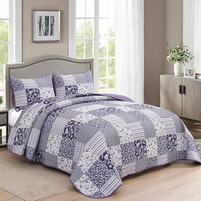 Mybedsoul Purple Quilt Set Twin Size, 2 Pieces Plaid Floral Bedspread Set Patchwork Reversible Bedding Set Microfiber Lightweight Bedspread Coverlet Set for All Season 68"x86"