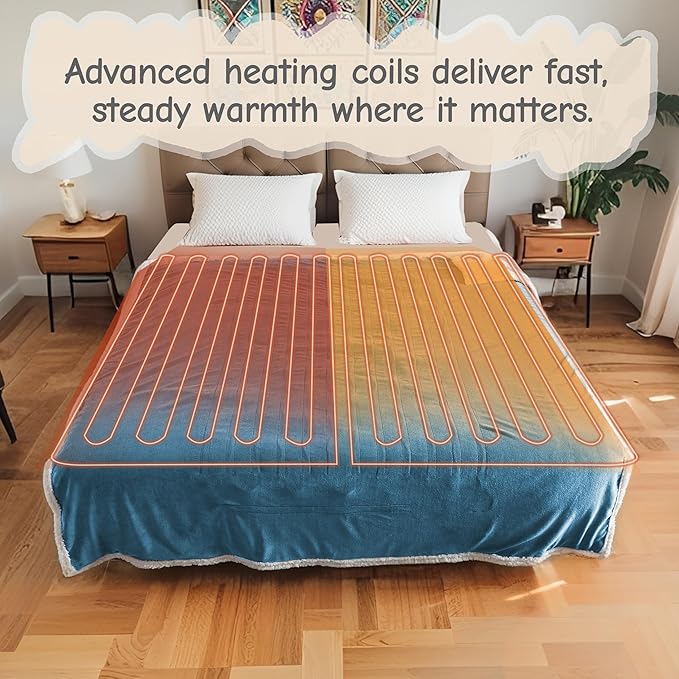 Electric Heated Blanket Queen Size 84"x90", Soft Flannel with Dual Controllers & Overheat Protection, 6 Adjustable Heat Settings & 10-Hour Auto-Off Timer, Fast Heating for Winter Comfort, Blue