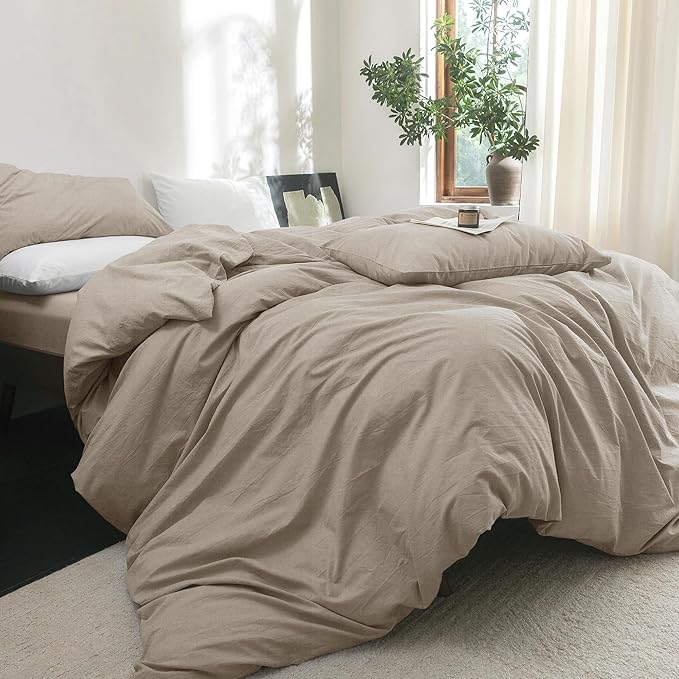 FOSSA Duvet Cover Set 100% Washed Cotton Linen Feel Super Soft Breathable Cozy 3 Pieces Bedding Sets Solid Tannish Linen Grey Super Queen