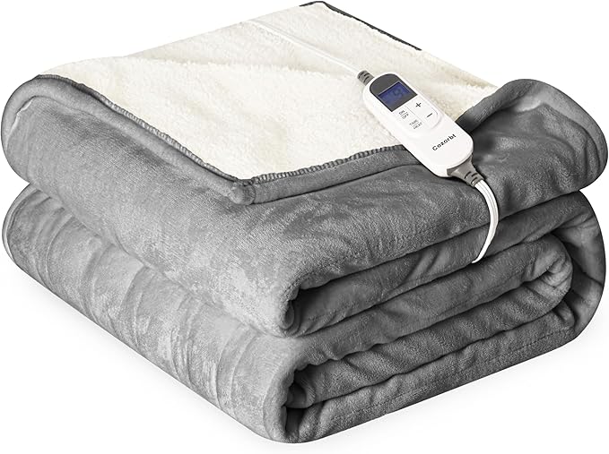 Heat Blanket 62”x84” Twin Size,Soft Flannel & Sherpa Reversible Electric Blanket with 10 Heat Settings,12 Timer Setting and 8 Hours Auto-Shut Off,ETL Certified Machine Washable,Light Grey