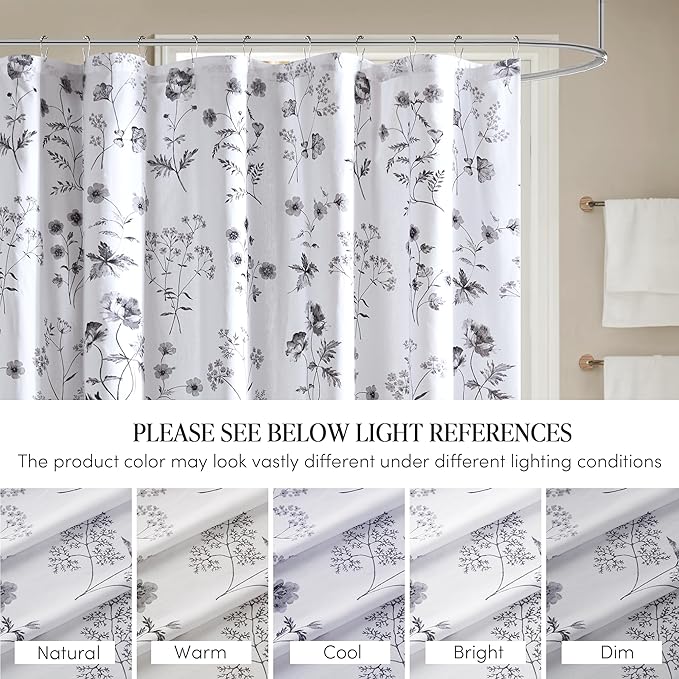Martha Stewart Martha's Garden Shower Curtain Botanical Floral Print Cotton Shower Curtain for Bathroom, Spa Quality Modern Shower Curtains Standard Size, 72x72 Black