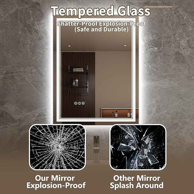 Bathroom Mirror with Lights 28"X36" with Front Light and Backlit, Tempered Glass, Wall Mount Horizontal/Vertical, Stepless Dimmable, 3 Colors, Anti Fog, Bathroom Memory LED Mirror