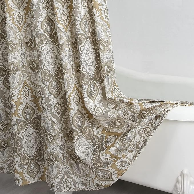 Stall Fabric Shower Curtain, Beige and Grey Printed Boho Paisley Damask Pattern Shower Curtains for Bathroom, Waterproof Bathroom Curtains, 54" W x 72" H