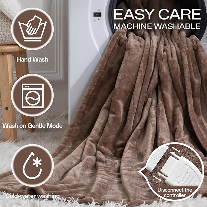Heated Blanket Electric Throw 72" x 84" Full Size with 8 Heating Levels 10 Hours Time Setings and Auto-Shut Off, Flannel Fast-Heating Electric Blanket, Machine Washable ETL Certified, Brown