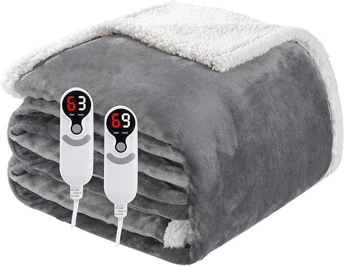 Electric Heated Blanket Queen Size 84"x90", Soft Flannel with Dual Controllers & Overheat Protection, 6 Adjustable Heat Settings & 10-Hour Auto-Off Timer, Fast Heating for Winter Comfort, Light Gray