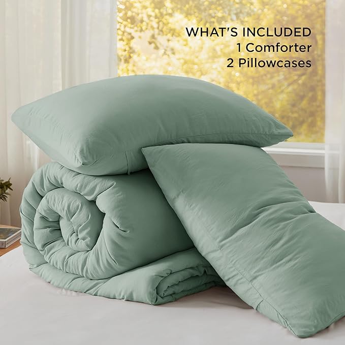 Bedsure Full Size Comforter Set, Sage Green Soft Prewashed Bedding for All Seasons, 3 Pieces GentleSoft™ Warm Down Alternative Bed Set, 1 Lightweight Comforter (82"x86") and 2 Pillowcases (20"x26")