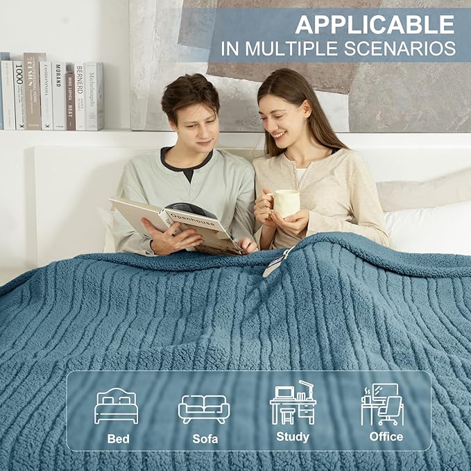 King Size Electric Blanket Single Control - 100"X90" Soft Double Sided Sherpa Heated Blanket with 6 Heating Levels & 10 hrs Timer Settings, Washable & Overheat Protection, Blue