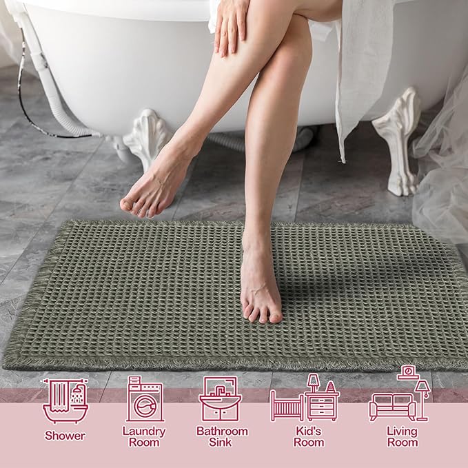 ZALL Waffle Bath Mat,Super Absorbent Non Slip Bathroom Rug,Dark Green 24x48inch,Machine Washable Ultra Soft Floor Mats