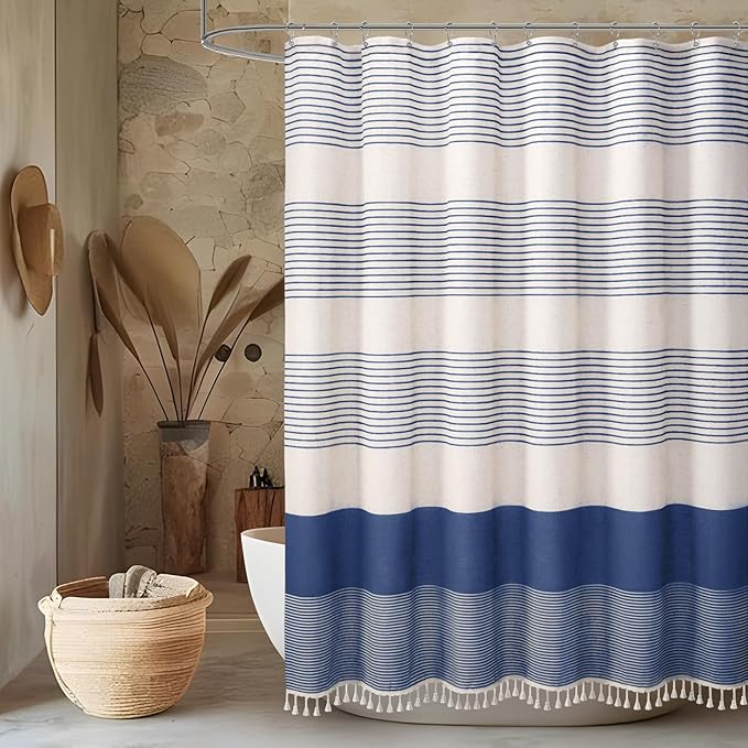 Awellife Blue Shower Curtain for Bathroom Linen Texture Stripe Tassel Shower Curtain 72 X 78 Inches Boho Neutral