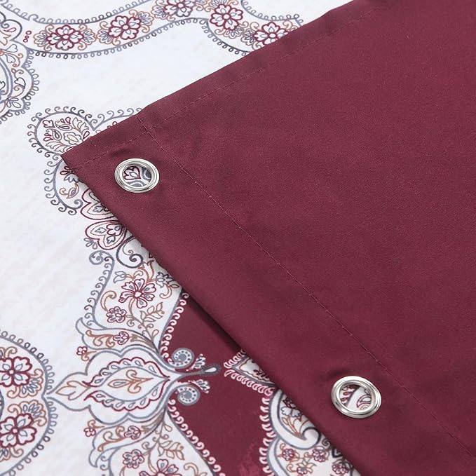 Extra Long Burgundy Shower Curtain 84 Inches, Water Repellent Fabric with Medallion Pattern, 12 Metal Grommets & Weighted Hem